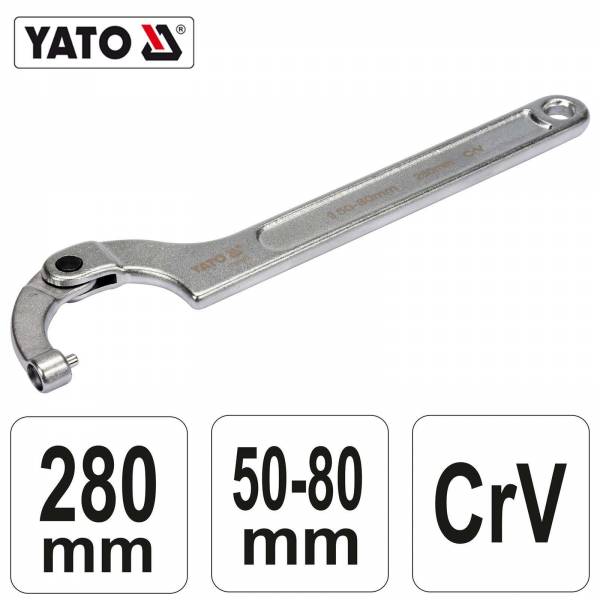 YATO Profi Gelenk Hakenschlüssel mit Zapfen für Kreuzlochmuttern YT-01677 50-80mm